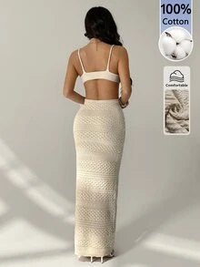 SHEIN PETITE Apricot Autumn Bohemian Style Sexy Tropical Beaded Vacation Knit Dress With Round Metal Buckle,Elegant Modern Look,Suitable For Business Casual,Beach - Apricot - View 2