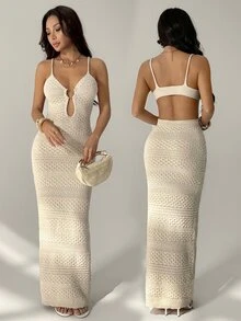 SHEIN PETITE Apricot Autumn Bohemian Style Sexy Tropical Beaded Vacation Knit Dress With Round Metal Buckle,Elegant Modern Look,Suitable For Business Casual,Beach - Apricot - View 5