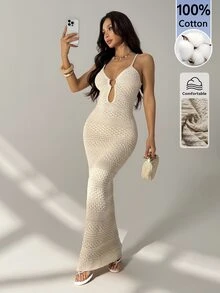 SHEIN PETITE Apricot Autumn Bohemian Style Sexy Tropical Beaded Vacation Knit Dress With Round Metal Buckle,Elegant Modern Look,Suitable For Business Casual,Beach - Apricot - View 8