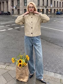 Struktiv Mantel Trench Pendek Khaki Vintage, Lengan Longgar Berkerut di Depan dan Belakang dengan Kerah Tegak, Atasan Pendek Kasual - Khaki - View 5
