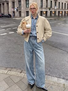 Struktiv Mantel Trench Pendek Khaki Vintage, Lengan Longgar Berkerut di Depan dan Belakang dengan Kerah Tegak, Atasan Pendek Kasual - Khaki - View 3