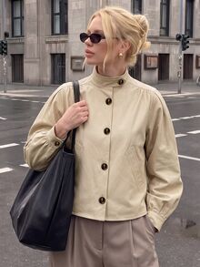 Struktiv Mantel Trench Pendek Khaki Vintage, Lengan Longgar Berkerut di Depan dan Belakang dengan Kerah Tegak, Atasan Pendek Kasual - Khaki - View 1
