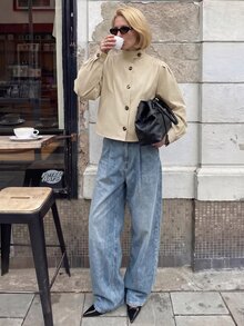 Struktiv Mantel Trench Pendek Khaki Vintage, Lengan Longgar Berkerut di Depan dan Belakang dengan Kerah Tegak, Atasan Pendek Kasual - Khaki - View 7