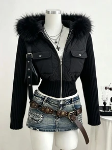 FRIFUL جاكيت شتوي نسائي بلون موحد بأكمام طويلة وسحاب وغطاء رأس - الأسود - مشاهدة 2