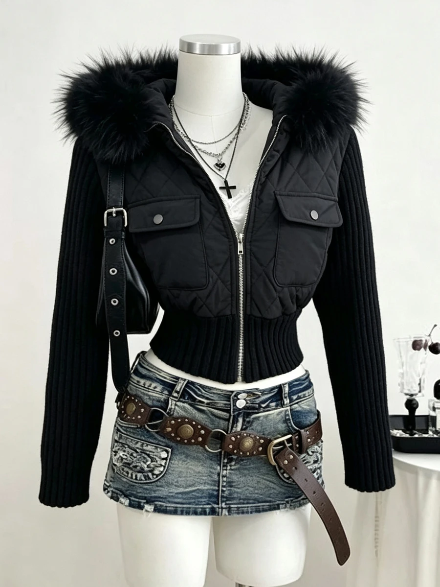 FRIFUL Women's Solid Color Long Sleeve Zip-Up Hooded Winter Jacket - Black - View 1