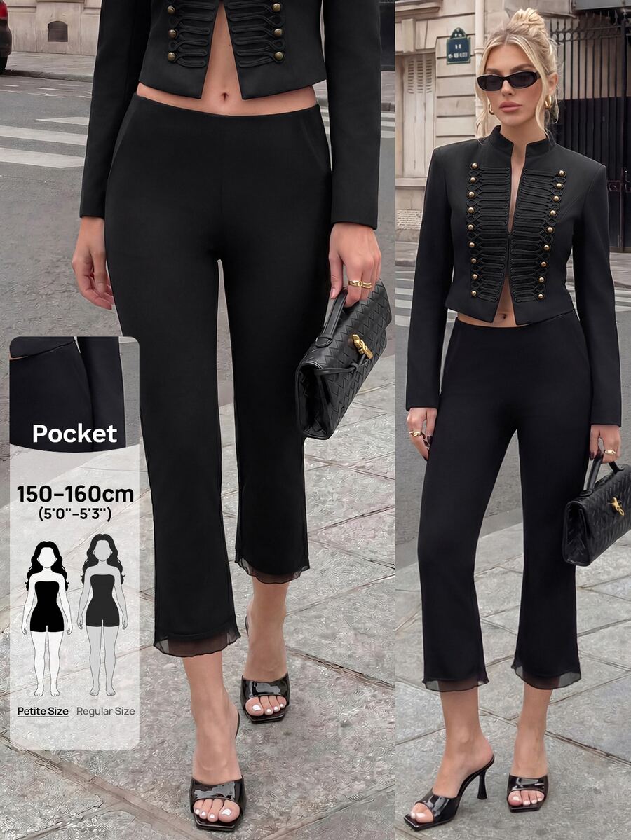 SHEIN PETITE 極簡主義網格拼接優雅短版喇叭褲，適合辦公與通勤