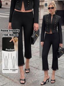 SHEIN PETITE 極簡主義網格拼接優雅短版喇叭褲，適合辦公與通勤 - 黑色 - 查看 10
