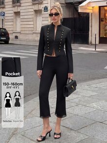 SHEIN PETITE 極簡主義網格拼接優雅短版喇叭褲，適合辦公與通勤 - 黑色 - 查看 5
