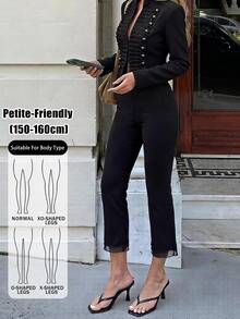 SHEIN PETITE 極簡主義網格拼接優雅短版喇叭褲，適合辦公與通勤 - 黑色 - 查看 12