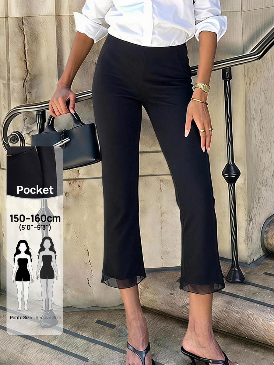 SHEIN PETITE Quần ống loe dáng ngắn phối lưới phong cách tối giản thanh lịch cho công sở và đi làm