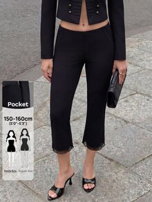 SHEIN PETITE 極簡主義網格拼接優雅短版喇叭褲，適合辦公與通勤 - 黑色 - 查看 9