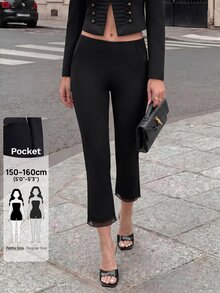 SHEIN PETITE 極簡主義網格拼接優雅短版喇叭褲，適合辦公與通勤 - 黑色 - 查看 4
