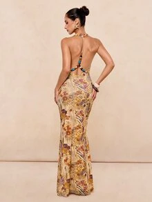 Lumalex 女士优雅浪漫性感印花无袖垂褶领口修身露背珍珠装饰鱼尾裙摆长款连衣裙，情人节优雅晚礼服 - 彩色 - 查看 2
