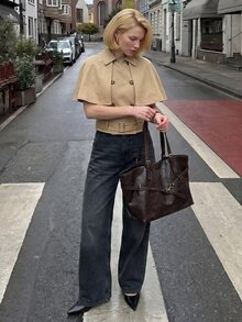 SHEIN Unity 復古法式優雅卡其色短款風衣，設計感披肩袖，雙排扣腰部綁帶，修身通勤夾克，適合辦公室秋季穿搭 - 卡其色 - 查看 7