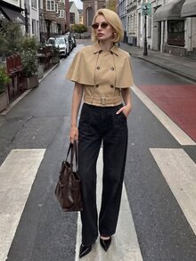 SHEIN Unity 復古法式優雅卡其色短款風衣，設計感披肩袖，雙排扣腰部綁帶，修身通勤夾克，適合辦公室秋季穿搭 - 卡其色 - 查看 4