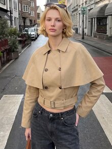 SHEIN Unity 復古法式優雅卡其色短款風衣，設計感披肩袖，雙排扣腰部綁帶，修身通勤夾克，適合辦公室秋季穿搭 - 卡其色 - 查看 9
