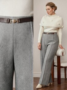 MOTF PREMIUM PLUS SIZE WOMEN'S WOOL HERRINGBONE ELEGANT AUTUMN/WINTER COMMUTE SUIT PANTS - Grey - View 5