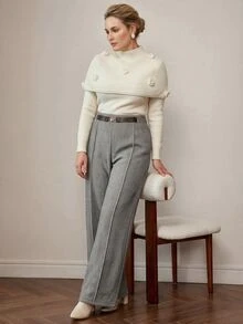 MOTF PREMIUM PLUS SIZE WOMEN'S WOOL HERRINGBONE ELEGANT AUTUMN/WINTER COMMUTE SUIT PANTS - Grey - View 1