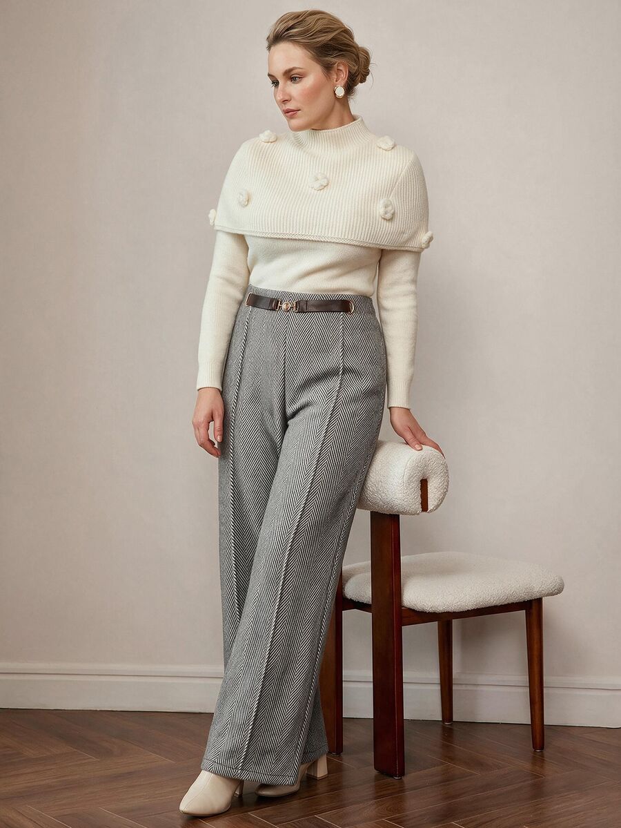 MOTF PREMIUM PLUS SIZE WOMEN'S WOOL HERRINGBONE ELEGANT AUTUMN/WINTER COMMUTE SUIT PANTS - Grey - View 1