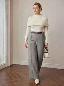 MOTF PREMIUM PLUS SIZE WOMEN'S WOOL HERRINGBONE ELEGANT AUTUMN/WINTER COMMUTE SUIT PANTS - Grey - View 4