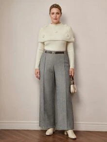 MOTF PREMIUM PLUS SIZE WOMEN'S WOOL HERRINGBONE ELEGANT AUTUMN/WINTER COMMUTE SUIT PANTS - Grey - View 3