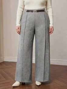 MOTF PREMIUM PLUS SIZE WOMEN'S WOOL HERRINGBONE ELEGANT AUTUMN/WINTER COMMUTE SUIT PANTS - Grey - View 8