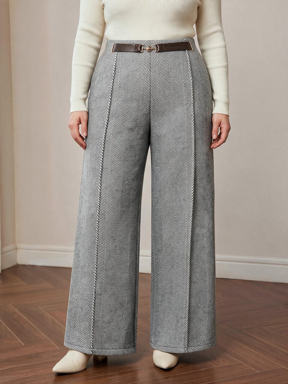 MOTF PLUS SIZE WOMEN'S WOOL HERRINGBONE ELEGANT AUTUMN/WINTER COMMUTE SUIT PANTS