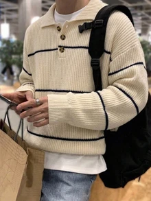 RONVEXI Men's Striped Polo Collar Long Sleeve Casual Sweater - Multicolor - View 1