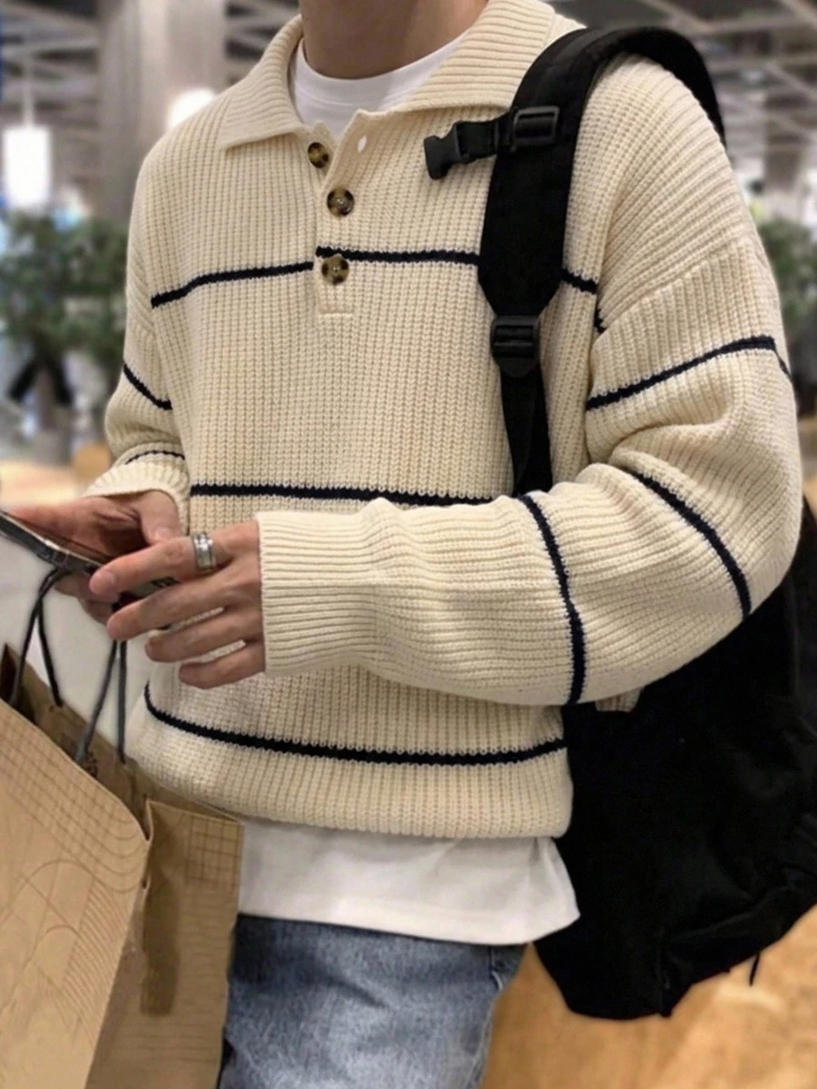 RONVEXI Men's Striped Polo Collar Long Sleeve Casual Sweater - Multicolor - View 1