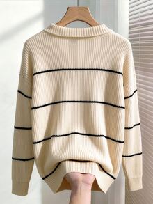 RONVEXI Men's Striped Polo Collar Long Sleeve Casual Sweater - Multicolor - View 3