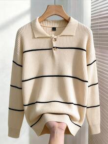 RONVEXI Men's Striped Polo Collar Long Sleeve Casual Sweater - Multicolor - View 10