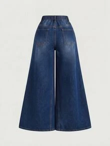 SHEIN MOD 大尺碼女款不對稱腰頭口袋寬腿休閒牛仔褲 - 藍色 - 查看 2