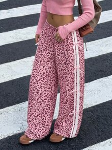 SHEIN 青少年女孩休閒寬鬆工裝街頭風豹紋拼接織帶抽繩裝飾蝴蝶結 Y2K 風格長褲 正式上班穿搭 粉色夏季 - 粉色 - 查看 7
