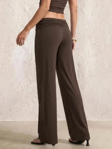 SHEIN PETITE Women's Solid Color Long Pants Casual Sexy Daily Vacation Dark Brown Summer,High Waist Wide Leg Pants - Brown - View 3