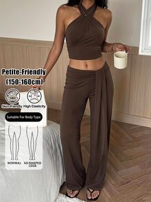 SHEIN PETITE Women's Solid Color Long Pants Casual Sexy Daily Vacation Dark Brown Summer,High Waist Wide Leg Pants - Brown - View 12