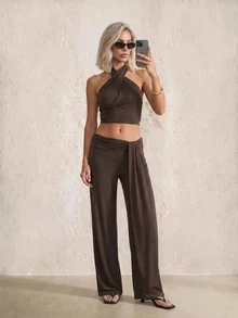 SHEIN PETITE Women's Solid Color Long Pants Casual Sexy Daily Vacation Dark Brown Summer,High Waist Wide Leg Pants - Brown - View 5