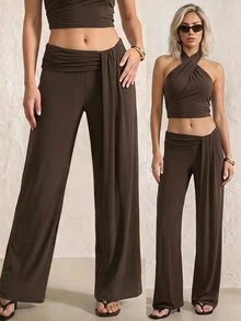 SHEIN PETITE Women's Solid Color Long Pants Casual Sexy Daily Vacation Dark Brown Summer,High Waist Wide Leg Pants - Brown - View 16