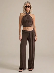 SHEIN PETITE Women's Solid Color Long Pants Casual Sexy Daily Vacation Dark Brown Summer,High Waist Wide Leg Pants - Brown - View 11