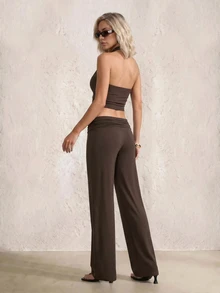 SHEIN PETITE Women's Solid Color Long Pants Casual Sexy Daily Vacation Dark Brown Summer,High Waist Wide Leg Pants - Brown - View 9