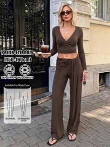 SHEIN PETITE Women's Solid Color Long Pants Casual Sexy Daily Vacation Dark Brown Summer,High Waist Wide Leg Pants - Brown - View 13