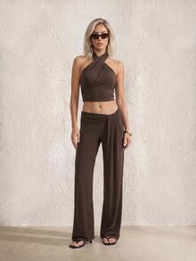 SHEIN PETITE Women's Solid Color Long Pants Casual Sexy Daily Vacation Dark Brown Summer,High Waist Wide Leg Pants - Brown - View 6