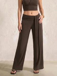 SHEIN PETITE Women's Solid Color Long Pants Casual Sexy Daily Vacation Dark Brown Summer,High Waist Wide Leg Pants - Brown - View 4