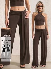 SHEIN PETITE Women's Solid Color Long Pants Casual Sexy Daily Vacation Dark Brown Summer,High Waist Wide Leg Pants - Brown - View 10