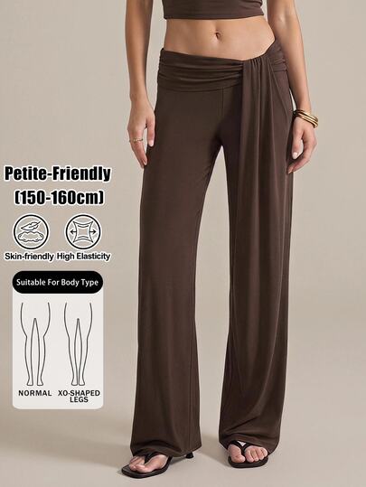 SHEIN PETITE Women's Solid Color Long Pants Casual Sexy Daily Vacation Dark Brown Summer,High Waist Wide Leg Pants