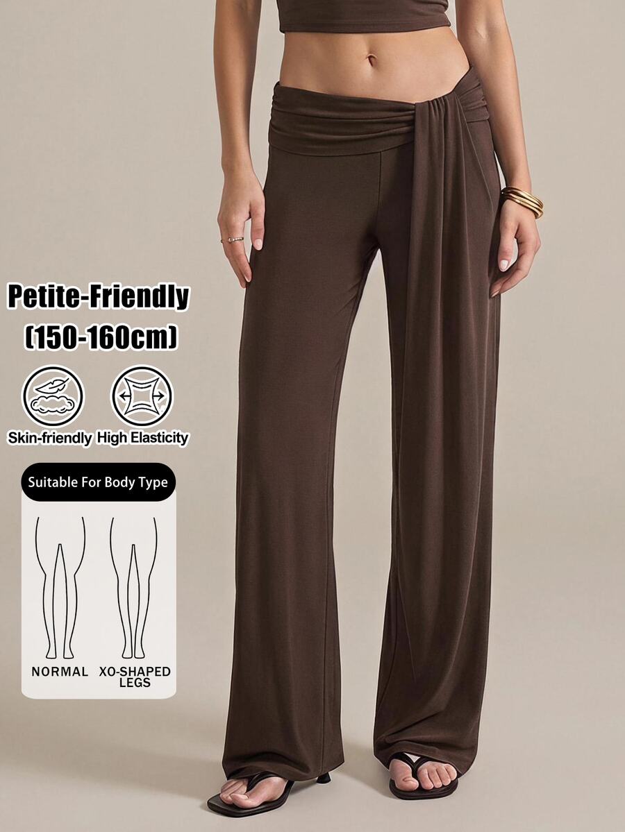 SHEIN PETITE Women's Solid Color Long Pants Casual Sexy Daily Vacation Dark Brown Summer,High Waist Wide Leg Pants