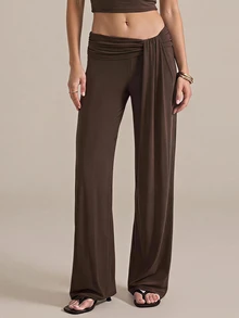SHEIN PETITE Women's Solid Color Long Pants Casual Sexy Daily Vacation Dark Brown Summer,High Waist Wide Leg Pants - Brown - View 15