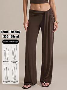 SHEIN PETITE Women's Solid Color Long Pants Casual Sexy Daily Vacation Dark Brown Summer,High Waist Wide Leg Pants - Brown - View 14