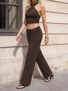 SHEIN PETITE Women's Solid Color Long Pants Casual Sexy Daily Vacation Dark Brown Summer,High Waist Wide Leg Pants - Brown - View 7