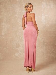 Lumalex Women's Dusty Pink Summer 70s Party Extra Long Dress,Halter Waist Cinching Ruched Flowy Ribbon Metal Flower Decor Elegant Luxury Wedding Guest Gown - Coral Pink - View 3