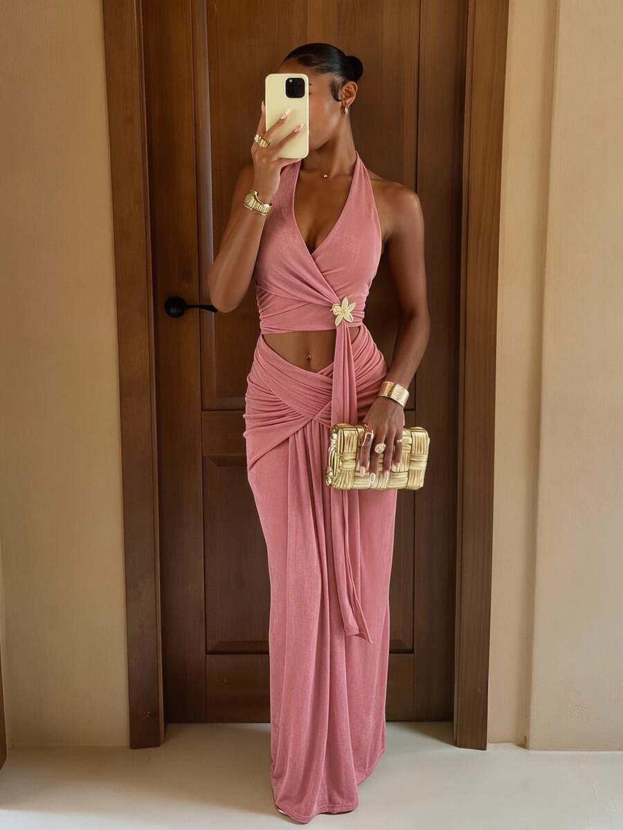 Lumalex Women's Dusty Pink Summer 70s Party Extra Long Dress,Halter Waist Cinching Ruched Flowy Ribbon Metal Flower Decor Elegant Luxury Wedding Guest Gown